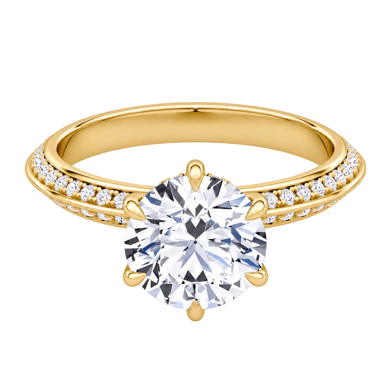 Knife-Edge Solitaire ring in yellow gold with diamond-set shoulders, front view